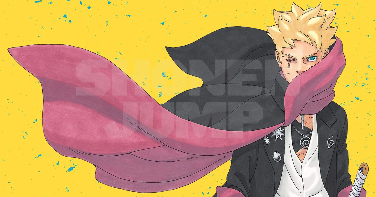 Boruto de frente com a capa voando